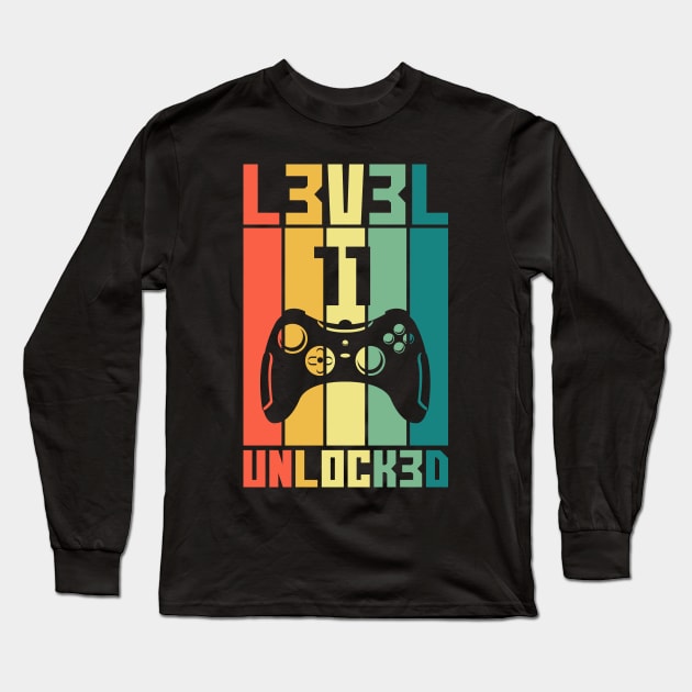 Level 11 Unlocked Vintage Gamer 11th Birthday Gift Long Sleeve T-Shirt by Alex21